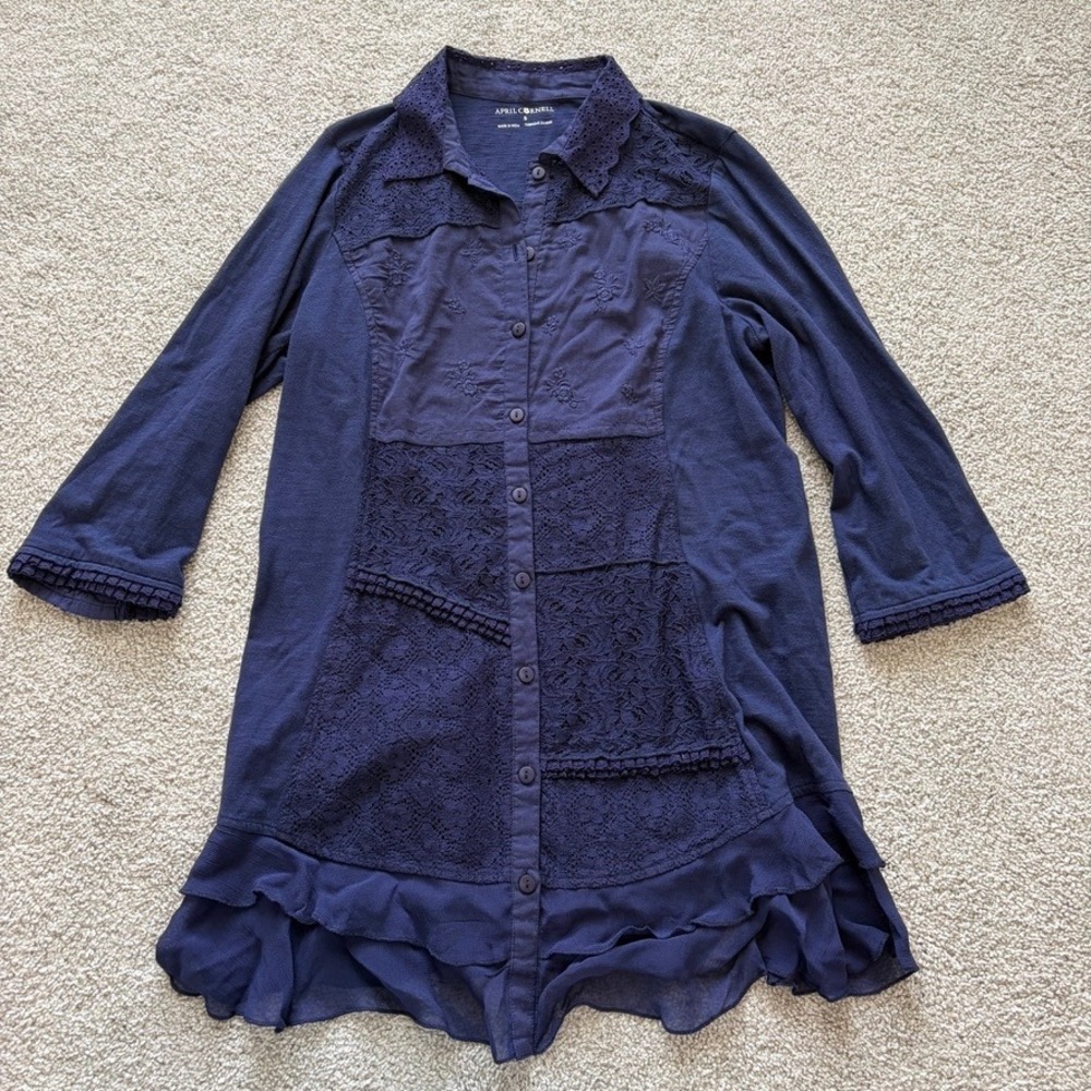 April Cornell Tunic Womens S Blue Ruffle Lace Boho Cottage Collared Relaxed